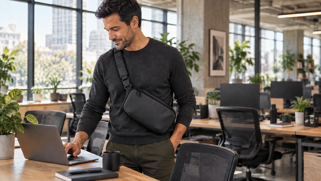 Male-presenting professional in charcoal sweater and olive pants at a shared coworking hot desk with laptop on the surface and black Transit Crossbody worn crossbody