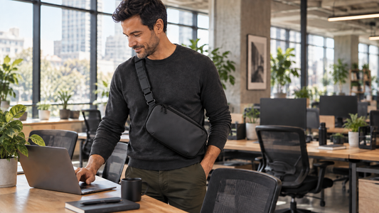 Male-presenting professional in charcoal sweater and olive pants at a shared coworking hot desk with laptop on the surface and black Transit Crossbody worn crossbody
