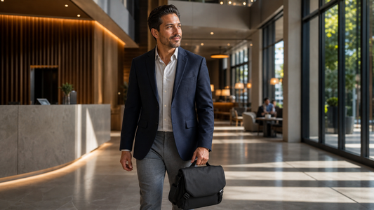Professional Hispanic male carrying a sleek black laptop brief walking through a modern hotel lobby