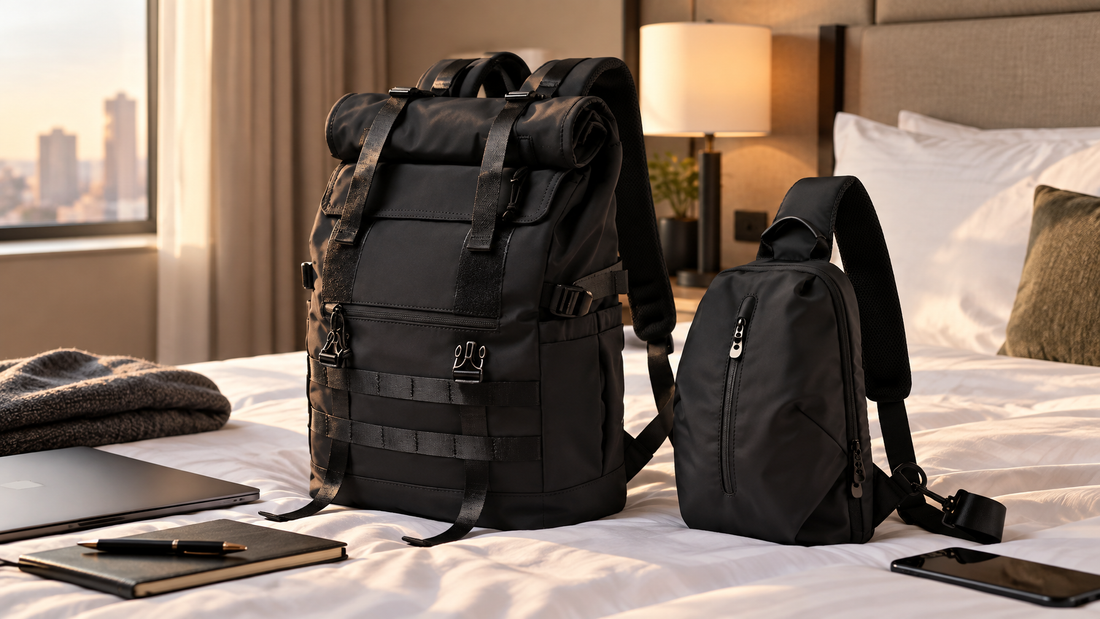 Product-only hotel bed still life with black expandable Transit Pack and compact day bag, no people