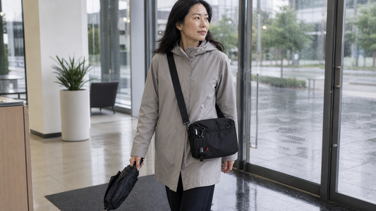 Commuter standing at a wet city bus stop wearing a slim black messenger bag with a compact umbrella in hand