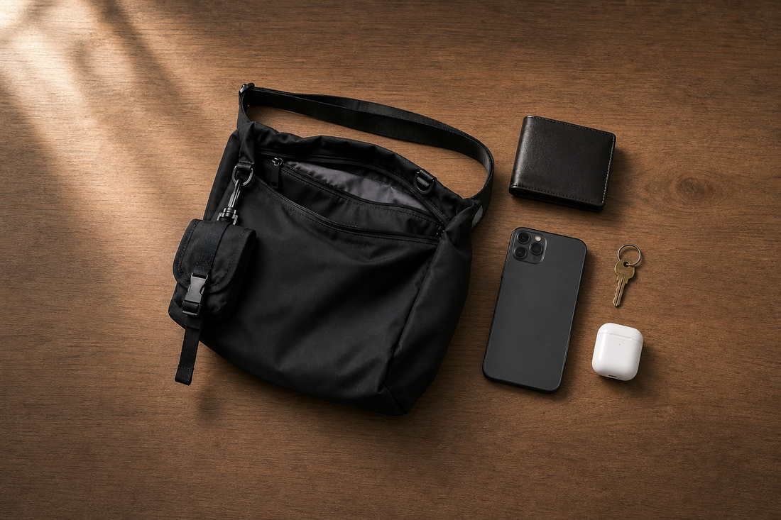 Overhead flat lay of a small matte black sling bag beside four minimal essentials — slim wallet, phone, keys, and earbuds case — on a warm wooden surface with soft natural light