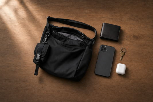 Overhead flat lay of a small matte black sling bag beside four minimal essentials — slim wallet, phone, keys, and earbuds case — on a warm wooden surface with soft natural light