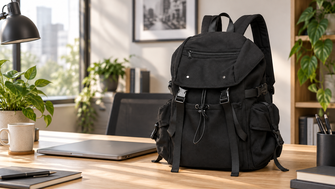 Black 26L flap-top everyday backpack standing closed on a light oak desk, organized pack versus roll-top