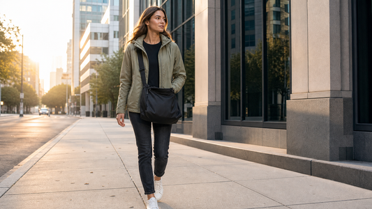 Woman in late 20s wearing a muted olive technical jacket walking confidently down a modern urban sidewalk in early morning light, carrying a large matte black crossbody messenger bag worn diagonally at hip level
