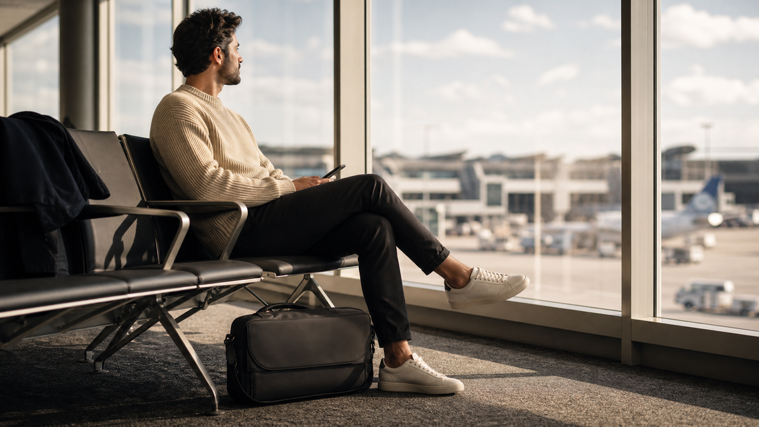 Traveler placing a compact dark bag under an airplane seat in a clean cabin aisle