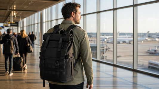 Caucasian male traveler late 30s striding through a bright international airport departure terminal, matte black expandable backpack on both shoulders, aircraft visible through floor-to-ceiling windows