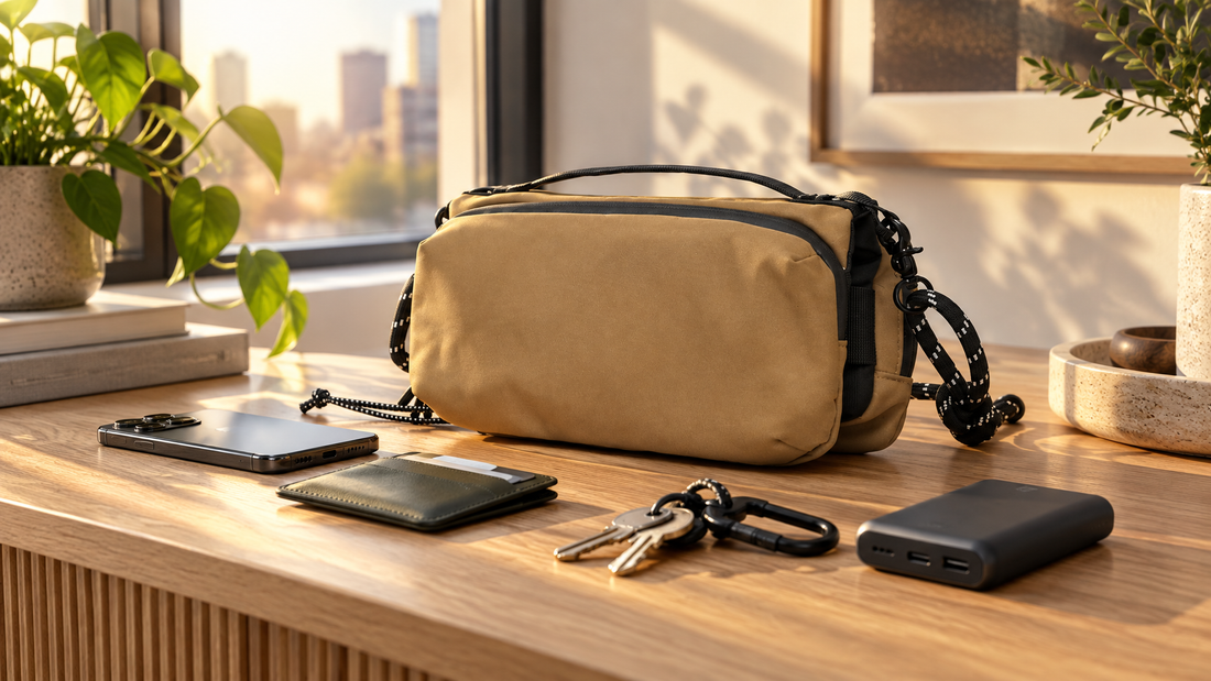 Compact tan crossbody on a light oak desk with phone, wallet, keys, and power bank by a sunny window
