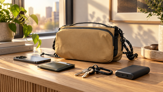 Compact tan crossbody on a light oak desk with phone, wallet, keys, and power bank by a sunny window