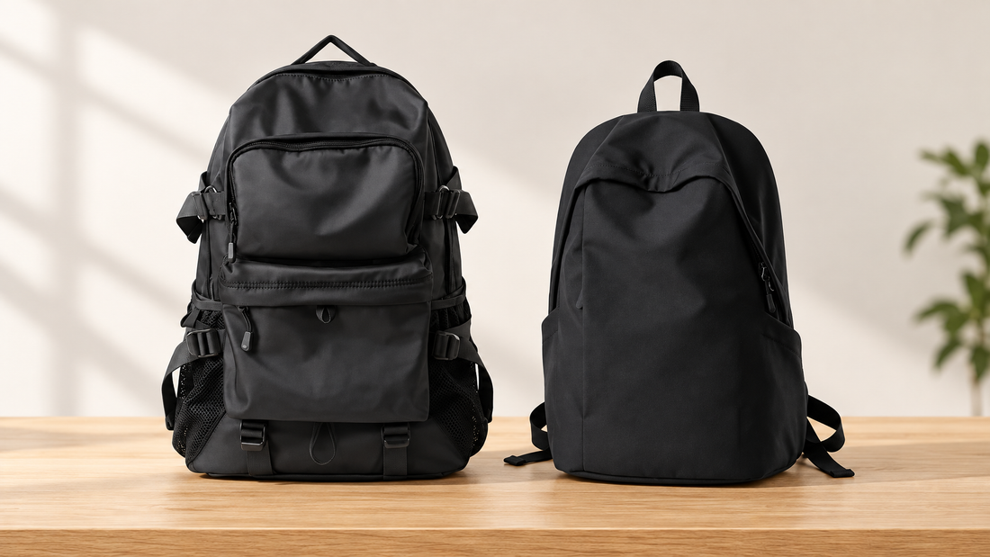 Product-only side-by-side of black Apex Backpack and black Lite Backpack on a light oak table