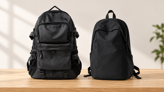 Product-only side-by-side of black Apex Backpack and black Lite Backpack on a light oak table
