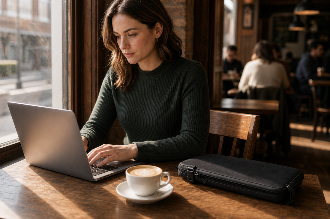 Woman focused at a sunlit café window table, laptop open, flat white beside her, slim dark laptop bag resting on the chair