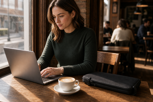 Woman focused at a sunlit café window table, laptop open, flat white beside her, slim dark laptop bag resting on the chair