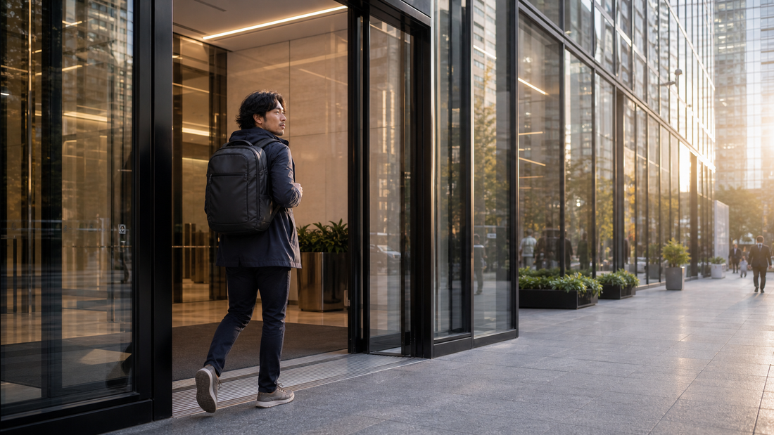 Hispanic man in his early 30s walking through the glass entrance doors of a modern city office building, large matte black organized backpack on both shoulders — the commute ending, the workday beginning