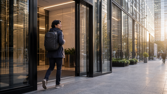 Hispanic man in his early 30s walking through the glass entrance doors of a modern city office building, large matte black organized backpack on both shoulders — the commute ending, the workday beginning