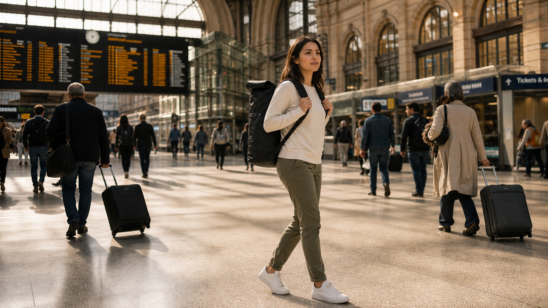 Hispanic woman in her early 30s arriving at a busy train station concourse, single large matte black roll-top backpack on both shoulders, sunlight streaming through tall windows — one bag, one traveler