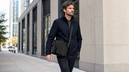 Adult male model in dark navy jacket walking on city street carrying full-size Field & Ash Haven Messenger Bag
