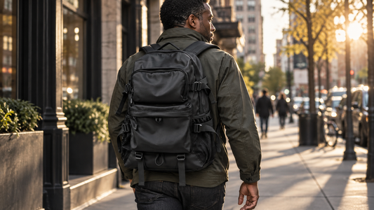 Black man in an olive jacket walking a city sidewalk with a black laptop backpack on both shoulders