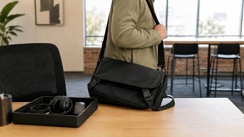 Coworking hot desk with a slim black laptop brief and a small tray of desk gear that stays at the seat